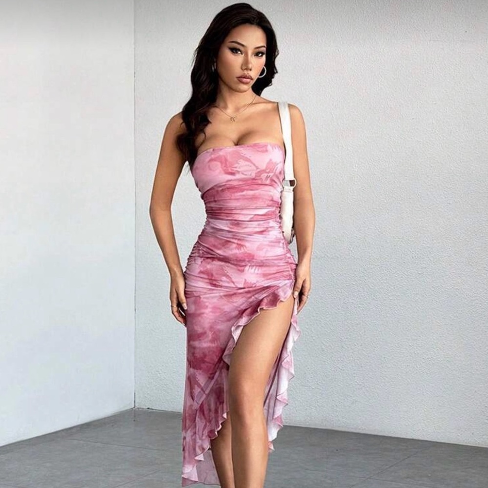 NWT SHEIN PETITE Women’s Party Wear Asymmetric Hem Slit Lotus Leaf Dress Pink